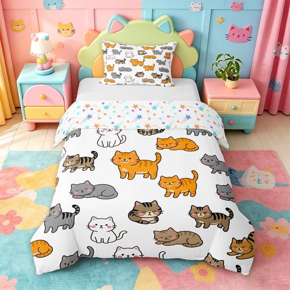 jejeloiu Cute Cat Cartoon Twin Bedding Kids,Kitten Animal Print Duvet Cover Set For Girls,Reversible,2pcs(No Comforter)
