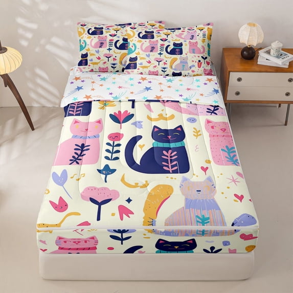 jejeloiu Cute Cat Floral Pattern Zipper Twin Comforter Sets with Fitted Sheet and 2 Pillowcases Kids,Lovely Animal Vintage Boho Style Zipper Bedding Set For Girls,Reversible,4-Piece