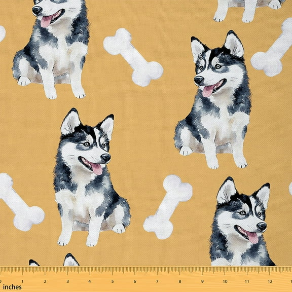 jejeloiu Cute Cat Husky Fabric by the Yard 1 Yard,Dog Bone Home Decor Fabric by the Yard,Yellow White Black Sewing Fabric Teens,Microfiber Room Decoration