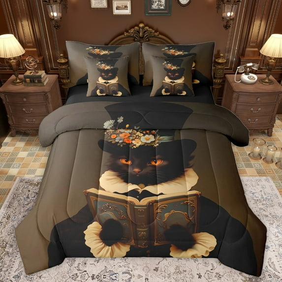 jejeloiu Cute Cat Kitten 7-Piece Twin Bedding Sets,Cartoon Pat Animal Bedding Comforter Set,Colorful Flower Floral Wreath Sheet Sets For Teens,Luxury Bedroom Decor Reversible