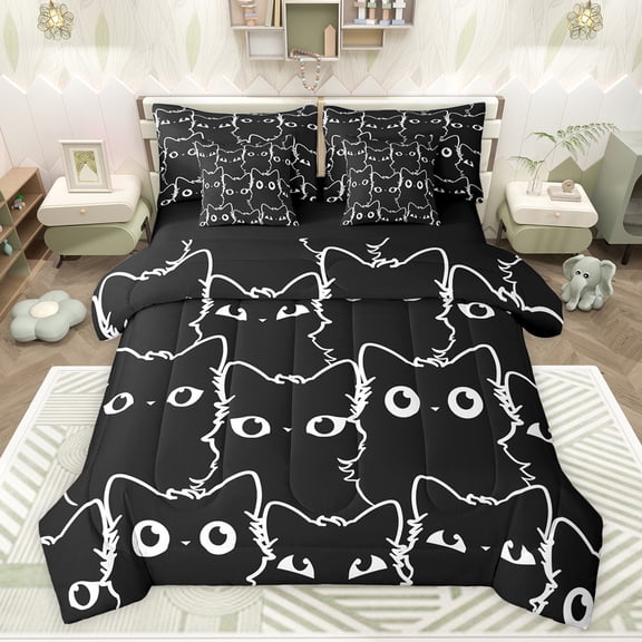 jejeloiu Cute Cat Kitten 7pcs Bedding Comforter Set,Neon Rainbow Line Cat Queen Bedding Sets,White Black Queen Sheet Sets For Girls Boys,Breathable Home Decor Reversible