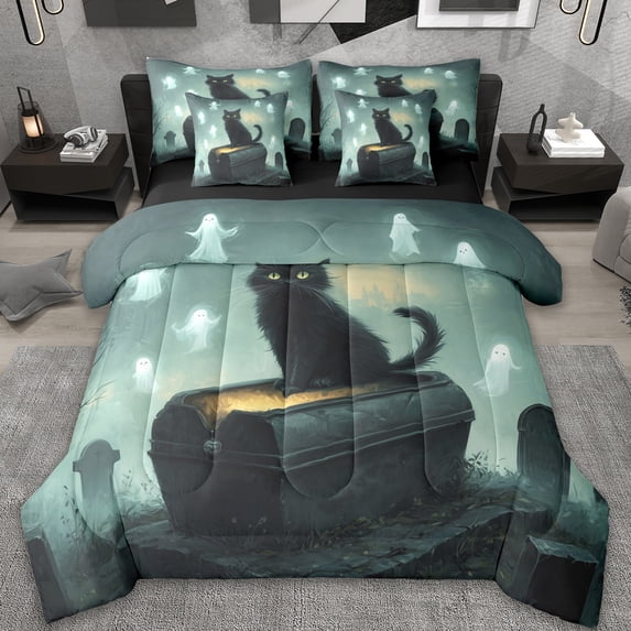 jejeloiu Cute Cat Kitten Bedding Comforter Set 7-Piece,Halloween Spooky Ghost King Bedding Sets,Black White Bed Sheets For Boys Kids,Breathable Home Decor Reversible