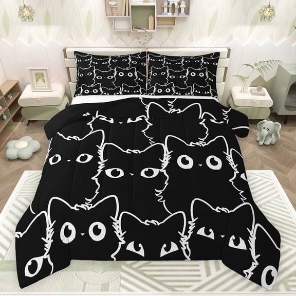 jejeloiu Cute Cat Kitten Bedding Comforter Set,Neon Rainbow Line Cat Twin Comforter Sets,White Black Bedding Set For Girls Boys,Breathable Home Decor Reversible,2 Pieces