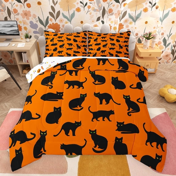jejeloiu Cute Cat Kitten Full Size Comforter Sets,Kawaii Pet Animals Bedding Comforter Set,Orange Black Bedding Sets For Boys Kids,Luxury Bedroom Decor Reversible,3 Pieces