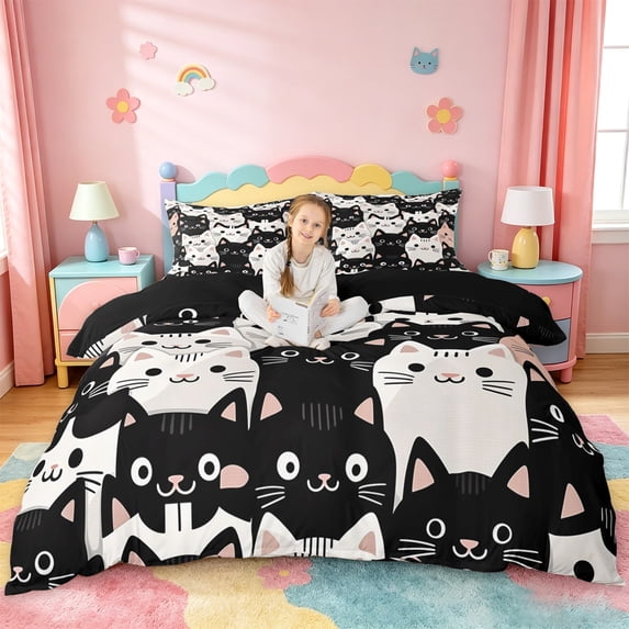 jejeloiu Cute Cat Pattern Duvet Cover Set Kids,Cartoon Kitten Print Bedding Full,Reversible,3pcs(No Comforter)