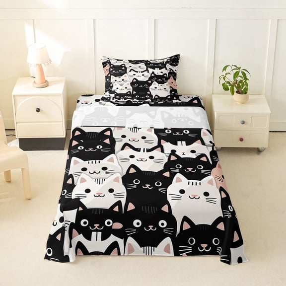 jejeloiu Cute Cat Pattern Twin Sheet Sets Kids,Cartoon Kitten Print Bedding,3 Pieces