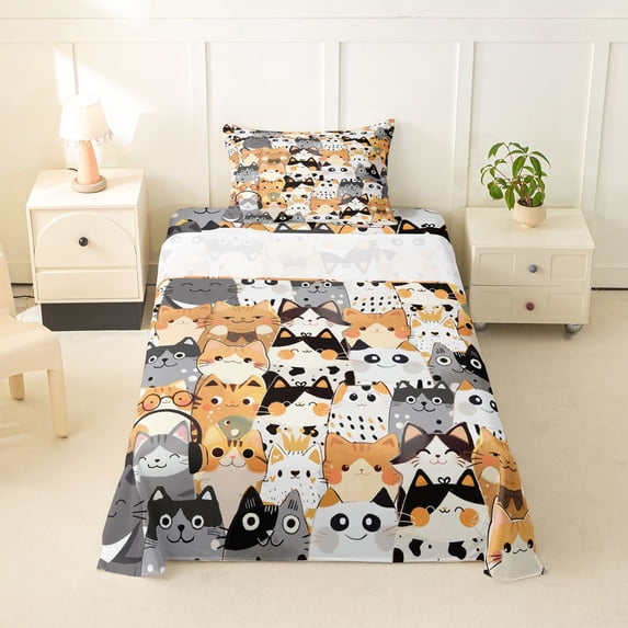 jejeloiu Cute Cat Pattern Twin Sheet Sets Kids,Colorful Pet Print Bedding,3-Piece