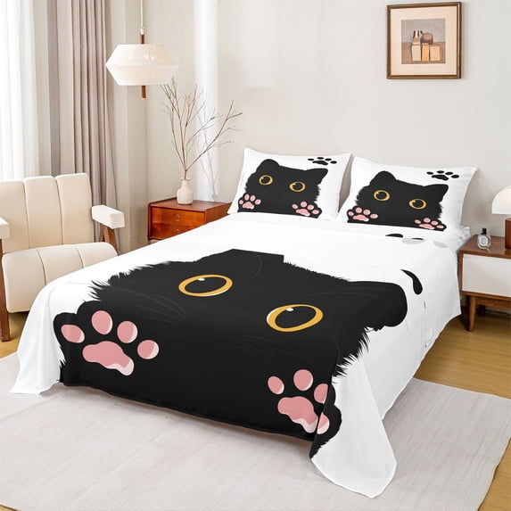 jejeloiu Cute Cat Paw Full Size Sheets Kids,Kawaii Animal Footprint Simple Black White Bed Sheets For Girls,4 Pieces