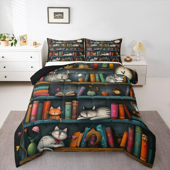 jejeloiu Cute Cat Queen Comforter Set,Reading Books Theme Bedding Sets,Retro Bookshelf Bedding Comforter Set For Child,Lightweight Room Decor Reversible,3pcs