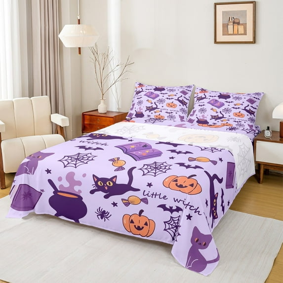 jejeloiu Cute Cats Bats Queen Sheet Sets,Halloween Spider Webs Flat Sheet,Witch Pumpkin Queen Fitted Sheet For Children,Breathable Home Decor,4-Piece