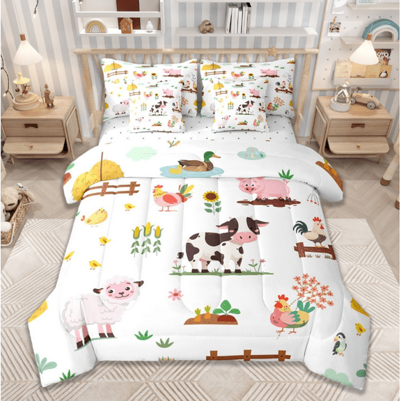 jejeloiu Cute Cattle Sheep Twin Bedding Sets 7-Piece,Farm Animal Bedding Comforter Set,Rustic Farmhouse Cabin Sheet Sets For Boys Girls,Ultra Soft Home Decor