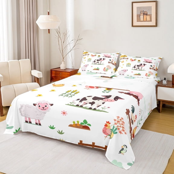 jejeloiu Cute Cattle Sheep Twin Sheet Sets,Farm Animal Twin Fitted Sheet,Rustic Farmhouse Cabin Flat Sheet For Boys Girls,Ultra Soft Home Decor,3pcs