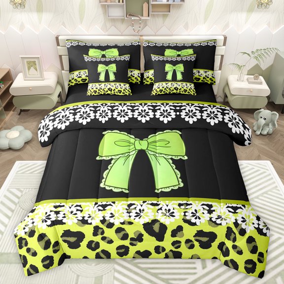 jejeloiu Cute Cheetah Pattern 7 Pieces Bedding Comforter Set,Wild Leopard Texture Full Bedding Set,Green Bow Knot Fitted Sheet Flat Sheet For Girls Boys,Microfiber Bedroom Decor Reversible