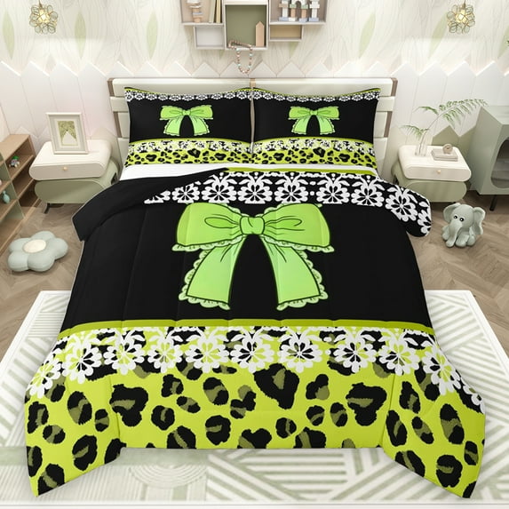 jejeloiu Cute Cheetah Pattern Bedding Comforter Set,Wild Leopard Texture Twin Comforter Sets,Green Bow Knot Bedding Set For Girls Boys,Microfiber Bedroom Decor Reversible,2 Pieces