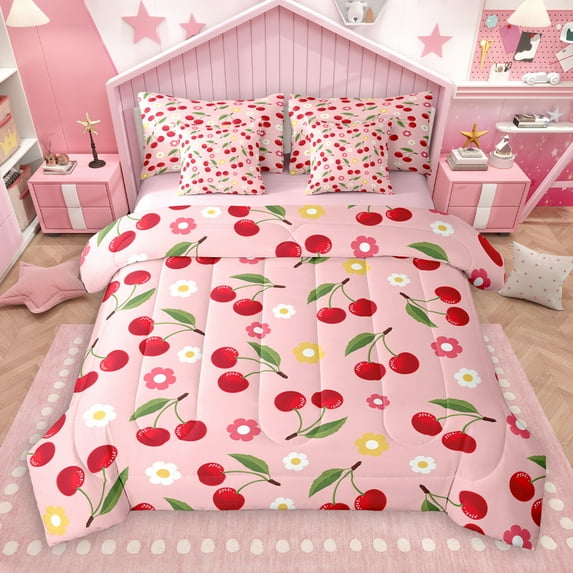 jejeloiu Cute Cherry 7pcs Bedding Comforter Set,Cartoon Flower Floral Queen Bedding Sets,Red Green Pink Queen Sheet Sets For Girls,Ultra Soft Home Decor Reversible