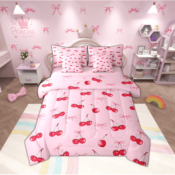 jejeloiu Cute Cherry Bedding Comforter Set 7 Pieces,Kawaii Bowtie Bow Full Bedding Set,Red Pink Bowknot Fitted Sheet Flat Sheet For Girls,Luxury Bedroom Decor Reversible