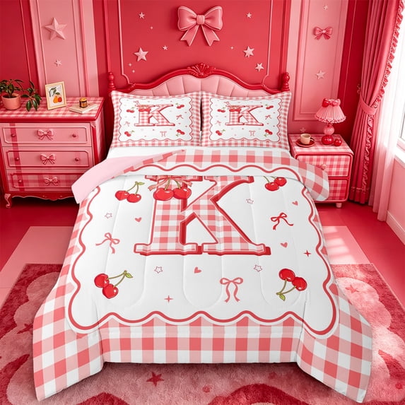Catabedysis Cute Cherry Bows Queen Comforter Set For Girls,3D Cartoon Alphabet K Design Comforter Sets Queen,Pink Reversible,3pcs,1 Comforter and 2 Pillowcases