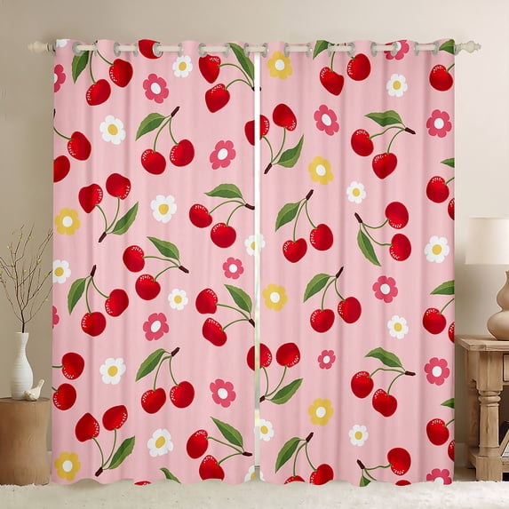 jejeloiu Cute Cherry Curtains and Drapes,Cartoon Flower Floral Black Out Curtains,Red Green Pink Curtains Pack of 2 (52x63 Each) For Girls,Ultra Soft Home Decor