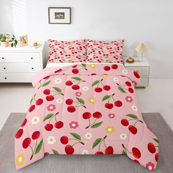 jejeloiu Cute Cherry Full Size Comforter Sets,Cartoon Flower Floral Bedding Comforter Set,Red Green Pink Bedding Sets For Girls,Ultra Soft Home Decor Reversible,3pcs