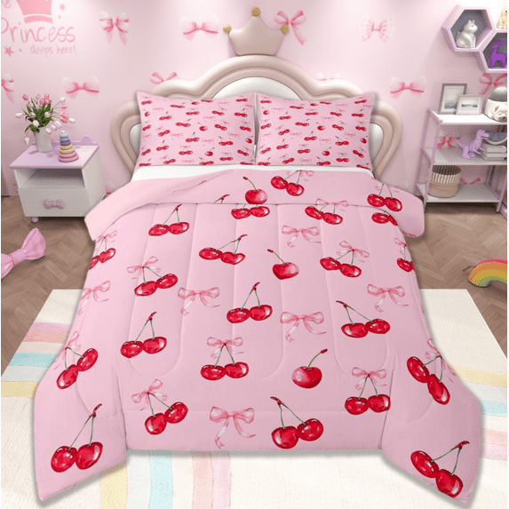 jejeloiu Cute Cherry Full Size Comforter Sets,Kawaii Bowtie Bow Bedding Comforter Set,Red Pink Bowknot Bedding Sets For Girls,Luxury Bedroom Decor Reversible,3pcs