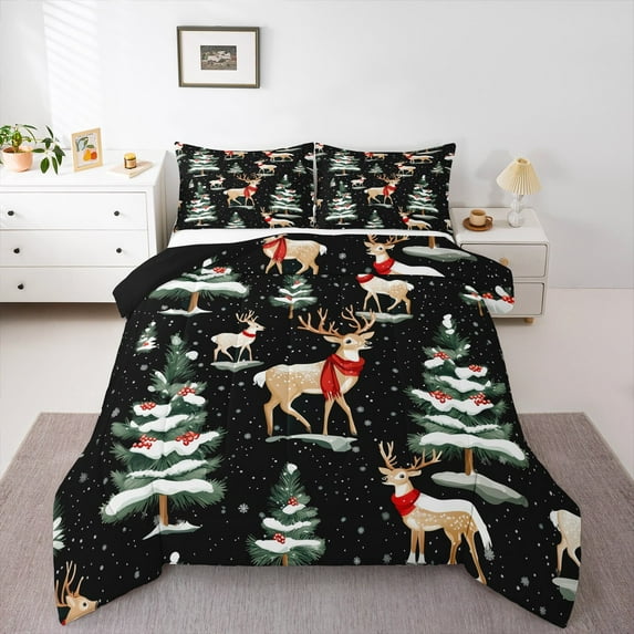 jejeloiu Cute Christmas Reindeer Full Size Comforter Sets,Xmas Theme Tree Bedding Comforter Set,White Snowflake Bedding Sets For Child,Luxury Bedroom Decor Reversible,3pcs