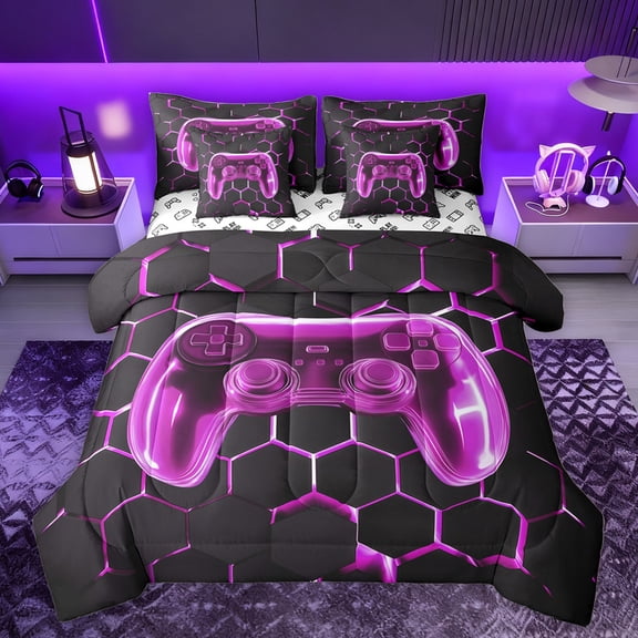 jejeloiu Cute Console Gamepad 7-Piece Bedding Comforter Set,Geometric Honeycomb Hexagon King Bedding Sets,Purple Black Bed Sheets For Girls Boys,Super Cozy Room Decor Reversible