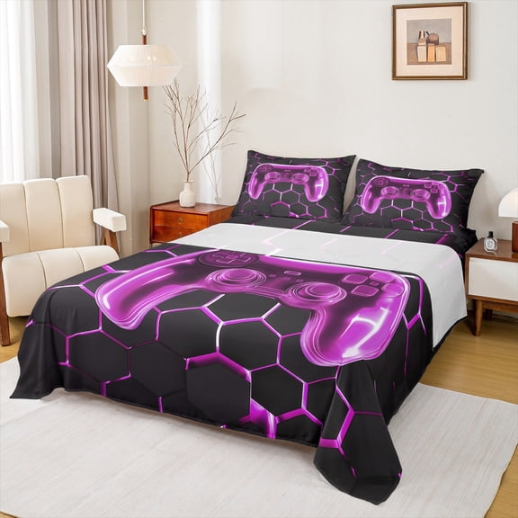 jejeloiu Cute Console Gamepad Full Size Sheets,Geometric Honeycomb Hexagon Bed Sheets,Purple Black Sheet Sets For Girls Boys,Super Cozy Room Decor,4pcs