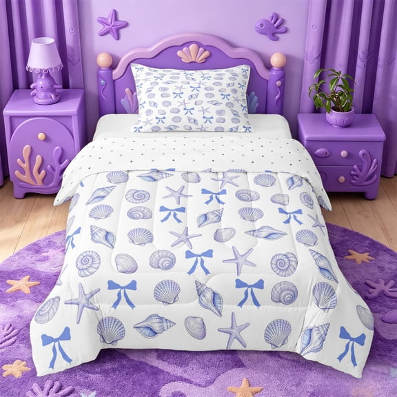 jejeloiu Cute Coquette Bows Twin Comforter Sets For Girls,Watercolor Ocean Seashell Starfish Bedding Set,Blue White,Reversible,2pcs,1 Comforter and 1 Pillowcase
