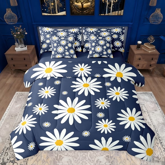 jejeloiu Cute Daisy 7-Piece Twin Bedding Sets,Kawaii Flower Bedding Comforter Set,White Deepblue Sheet Sets For Girls Kids,Super Cozy Room Decor Reversible