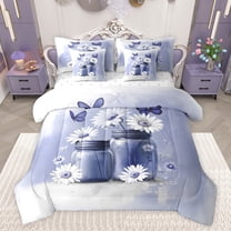 jejeloiu Cute Daisy Blossom 7-Piece Twin Bedding Sets,Retro Rustic Flower Bedding Comforter Set,Blue White Sheet Sets For Girls Kids,Breathable Home Decor Reversible