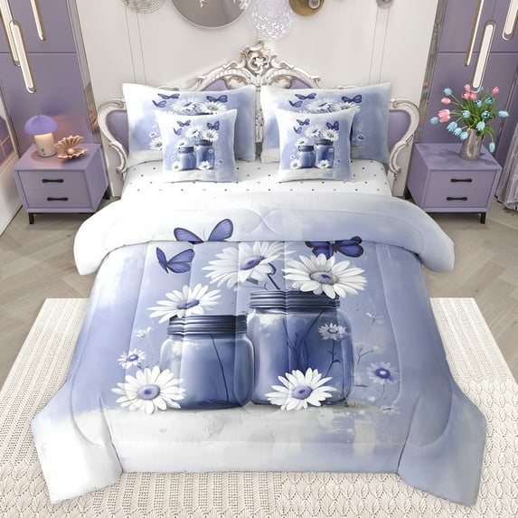 jejeloiu Cute Daisy Blossom 7-Piece Twin Bedding Sets,Retro Rustic Flower Bedding Comforter Set,Blue White Sheet Sets For Girls Kids,Breathable Home Decor Reversible