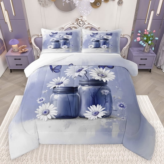 jejeloiu Cute Daisy Blossom Bedding Comforter Set,Retro Rustic Flower Twin Comforter Sets,Blue White Bedding Set For Girls Kids,Breathable Home Decor,2 Pieces