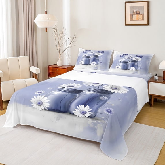 jejeloiu Cute Daisy Blossom Twin Sheet Sets,Retro Rustic Flower Twin Fitted Sheet,Blue White Flat Sheet For Girls Kids,Breathable Home Decor,3 Pieces