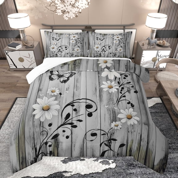 jejeloiu Cute Daisy Butterflies Full Size Comforter Sets,Country Farmhouse Lodge Bedding Comforter Set,Rustic Plant Leaf Bedding Sets For Teens,Super Cozy Room Decor,3pcs