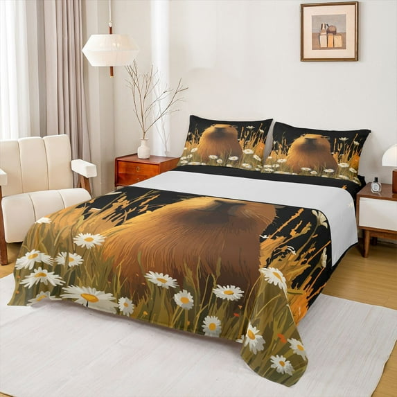 jejeloiu Cute Daisy Floral Bed Sheets,Brown Capybara Kapibra King Sheets,Rustic Plant Sheet Set For Boys Girls,Microfiber Bedroom Decor,4 Pieces