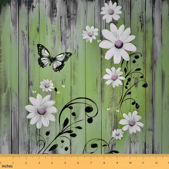 jejeloiu Cute Daisy Flower Fabric by the Yard 10 Yards,Vintage Butterflies Flower Room Decor Fabric by the Yard,Green White Black Sewing Fabric For Girl Boy,Breathable Home Decor