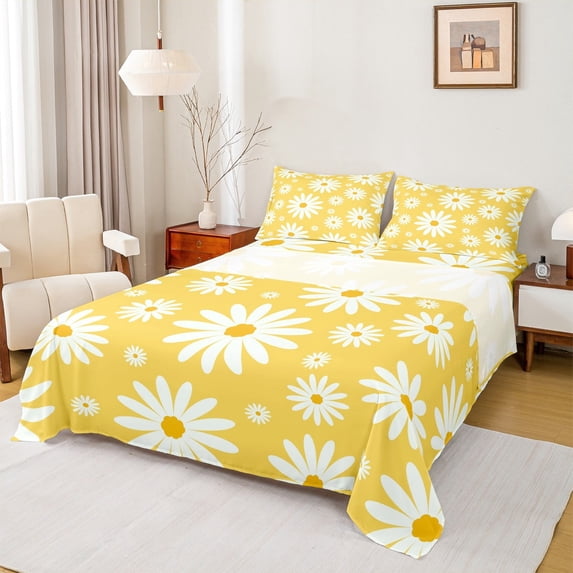 jejeloiu Cute Daisy Twin Sheet Set (3-Piece) Orange White Floral Decor For Girls Kids