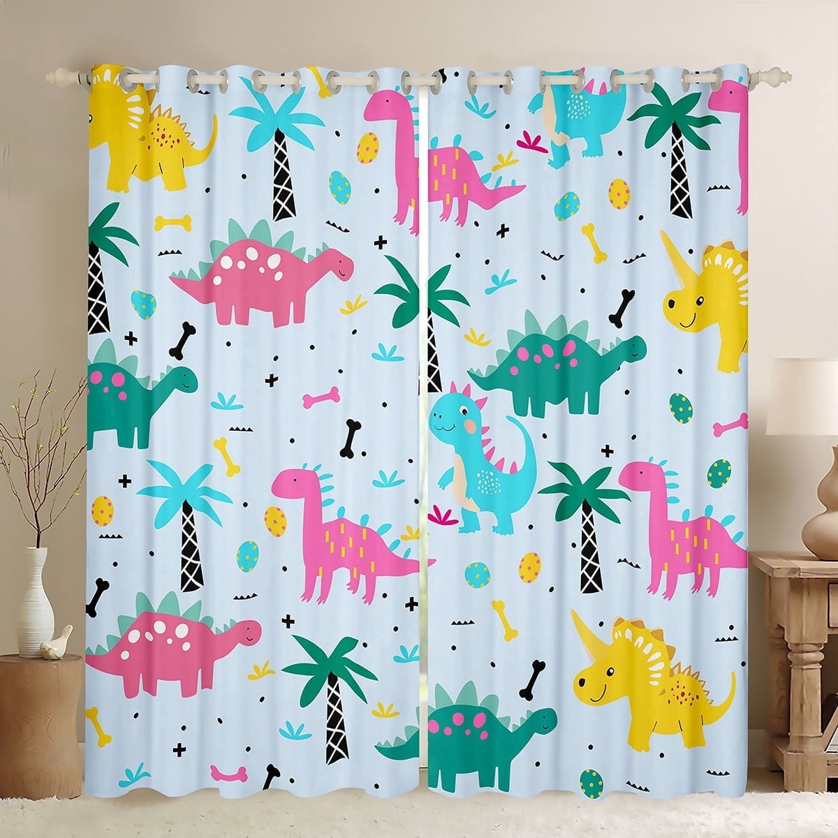 jejeloiu Cute Dinosaur Blackout Curtains Set of 2 (52x84 Each),Zoo Animal Window Curtains,Blue Pink Green Curtains and Drapes For Boys,Ultra Soft Room Decoration