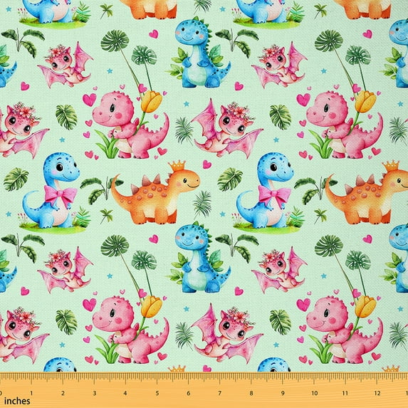 jejeloiu Cute Dinosaur Dragon Fabric by the Yard 3 Yards,Jungle Animal Sewing Fabric,Pink Bowtie Bow Fabric for Sewing For Teens,Super Cozy Room Decor