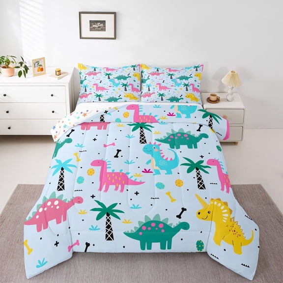 jejeloiu Cute Dinosaur Queen Comforter Set,Zoo Animal Bedding Sets,Blue Pink Green Bedding Comforter Set For Boys,Ultra Soft Room Decoration Reversible,3 Pieces