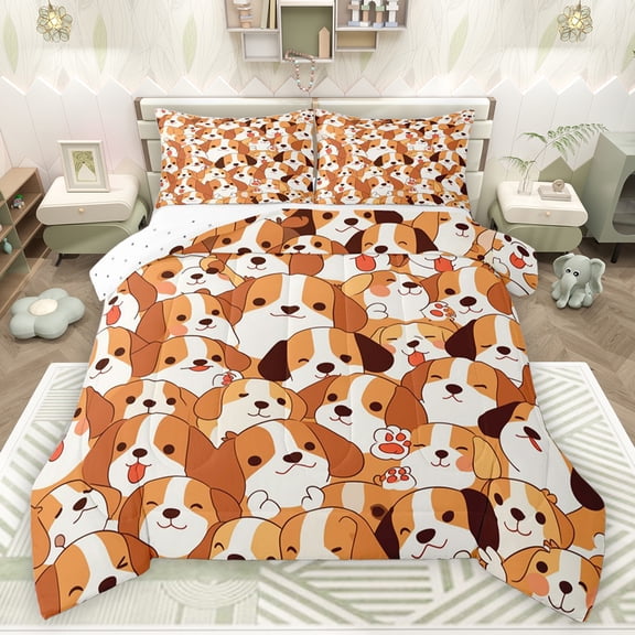 jejeloiu Cute Dog Paws Queen Comforter Set,Kawaii Pet Dogs Bedding Sets,Orange Beige Bedding Comforter Set For Kids,Super Cozy Room Decor Reversible,3-Piece