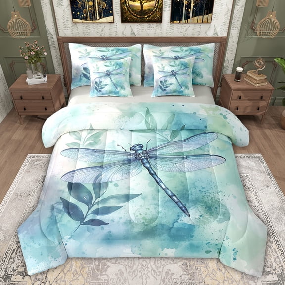 jejeloiu Cute Dragonfly 7pcs Bedding Comforter Set,Blue Splatter Ink Queen Bedding Sets For Girls Teens Reversible