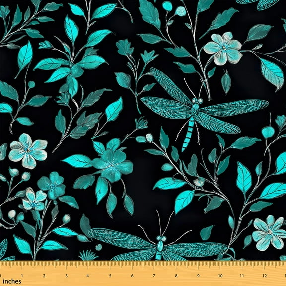 jejeloiu Cute Dragonfly Fabric by the Yard 1 Yard,Rustic Flower Floral Home Decor Fabric by the Yard,Cyan Black Sewing Fabric For Men Women,Microfiber Bedroom Decor