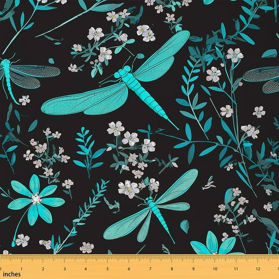 jejeloiu Cute Dragonfly Fabric by the Yard 3 Yards,Rustic Flower Floral Sewing Fabric,Blue Pink Black Fabric for Sewing For Girls Kids,Breathable Home Decor