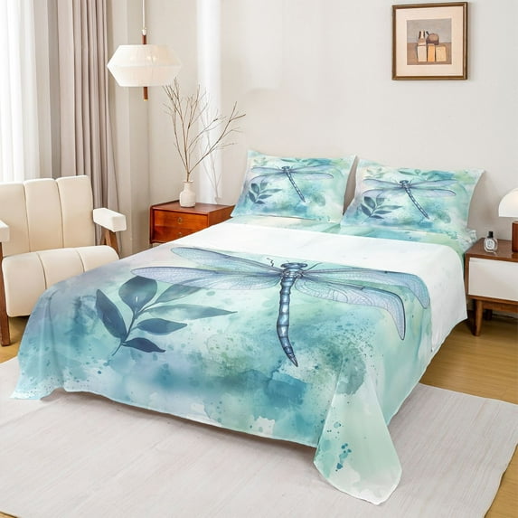 jejeloiu Cute Dragonfly Twin Sheet Sets,Blue Splatter Ink Bedding For Girls Teens 3 Pieces