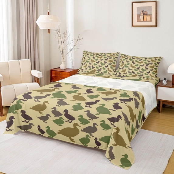 jejeloiu Cute Duck Animals Bed Sheets,Green Brown King Sheets For Men Women 4pcs