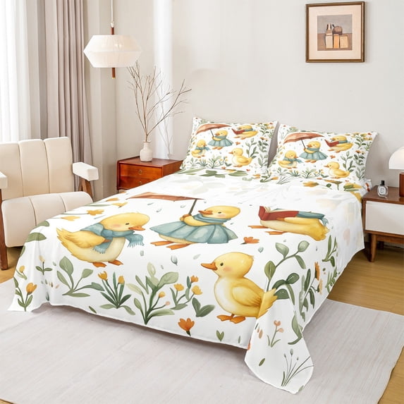 jejeloiu Cute Duck Bed Sheets,Kawaii Flower Tulip King Sheets,Rustic Floral Sheet Set For Girls Boys,Breathable Home Decor,4-Piece