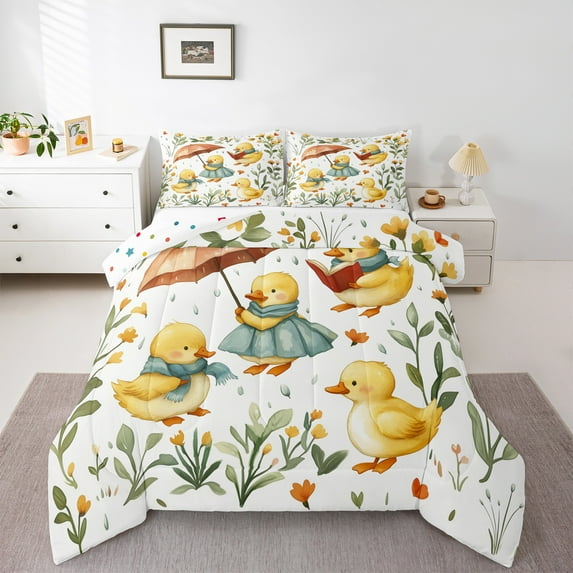 jejeloiu Cute Duck Bedding Comforter Set,Kawaii Flower Tulip Twin Comforter Sets,Rustic Floral Bedding Set For Girls Boys,Breathable Home Decor Reversible,2-Piece