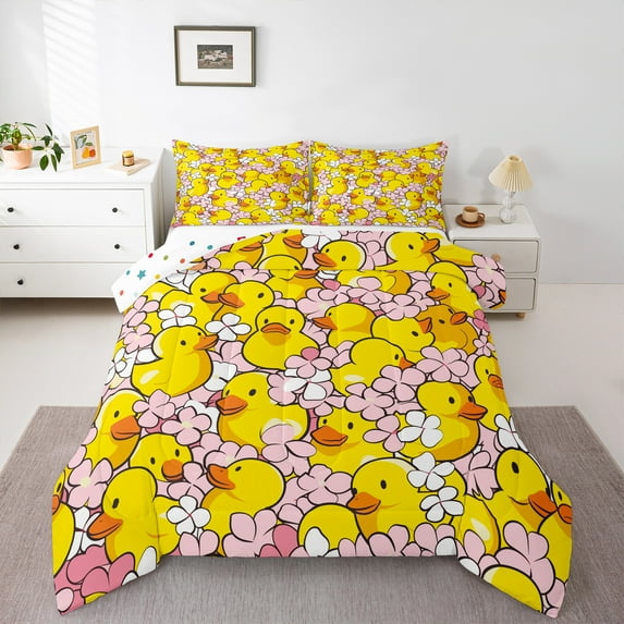 jejeloiu Cute Duck Bedding Comforter Set,Kawaii Flower Twin Comforter Sets,Pink Yellow Bedding Set For Girls Boys,Breathable Home Decor Reversible,2 Pieces