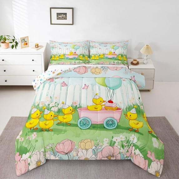 jejeloiu Cute Duck Queen Comforter Set,Colorful Flower Floral Bedding Sets,Western Rustic Farmhouse Cabin Bedding Comforter Set For Girls Boys,Breathable Home Decor Reversible,3pcs